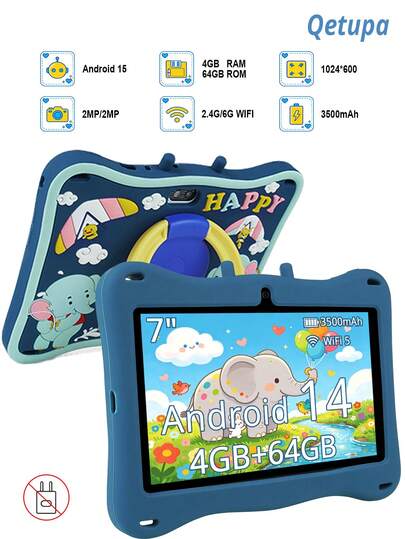 Qetupa 7インチ Android 14 キッズタブレットPC、象柄デザイン、初期教育タブレット、耐衝撃保護ケース付属、MTK6755 オクタコア 2.0GHz プロセッサ、4GB RAM+64GB ROM、1024*600 IPSタッチスクリーン、200万画素+500万画素デュアルカメラ、3500mAhバッテリー、Bluetooth、802.11ac/WiFi5(アダプター別売)、男の子女の子への理想的なギフト、子供の教育、学習、思考トレーニング、言語啓発、科学探検、読書、ゲームに適しています
