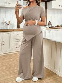 2 piezas Conjunto de top asimétrico y pantalones de unicolor casual de maternidad, verano - Caqui - Ver 3