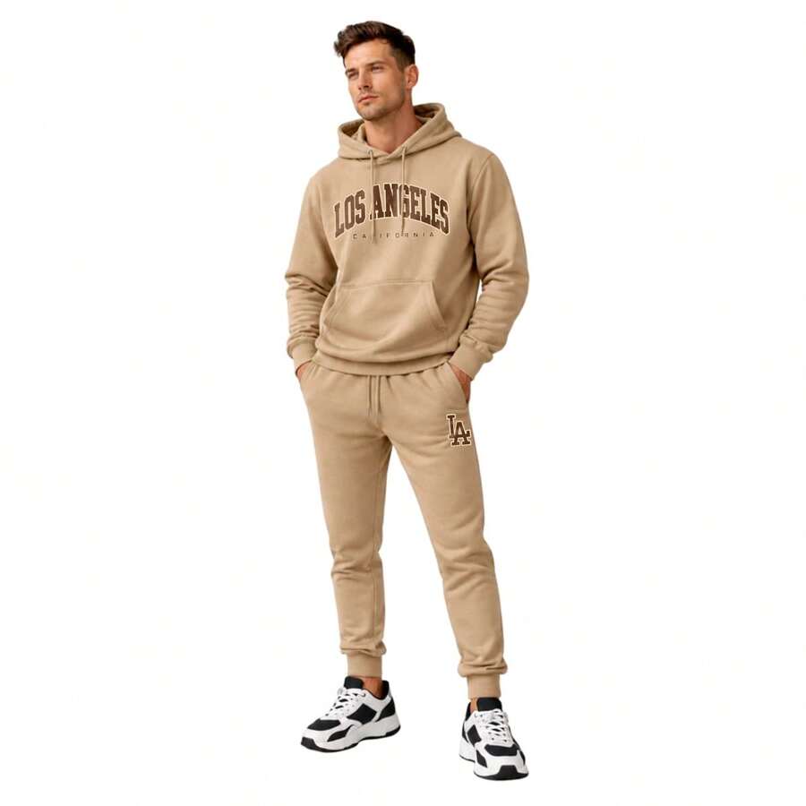 Premium Beige Printed Men's Fleece Set - Comfortable And Stylish Sweatshirt And Pants For Winter - 咖啡棕 - 查看 1
