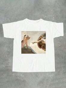 Camiseta de Cuello Redondo con Estampado Gráfico de Meme de Internet "Creative Adam Painting" para Mujer de - Blanco - Ver 6