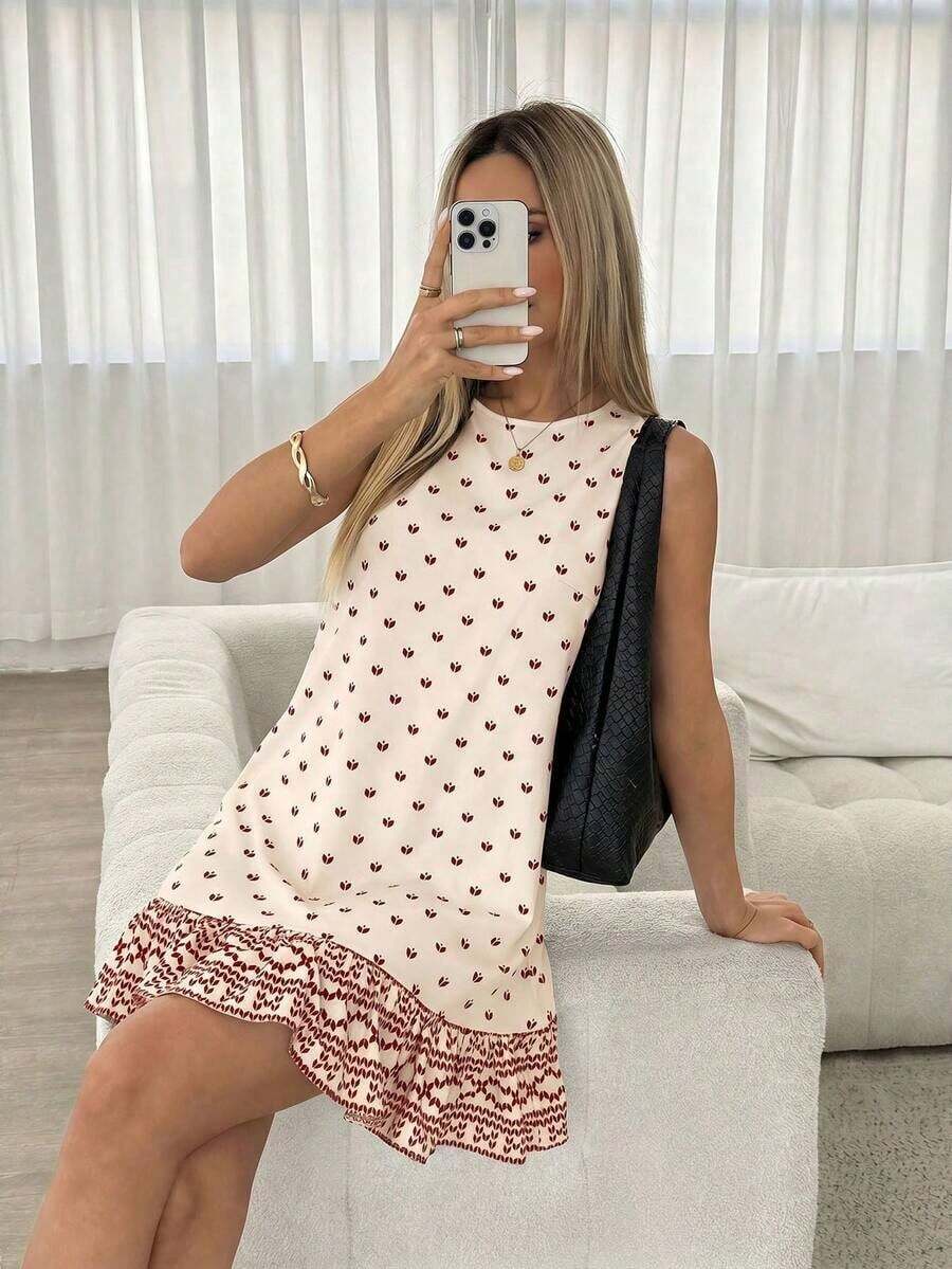 X GALILEA LUNE Vestido mini de mujer de cuello redondo sin mangas con volantes en el bajo, a rayas azul y blanco - Rojo - Ver 1