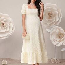 Vestido elegante de maternidad con cuello cuadrado, mangas abullonadas y estampado floral jacquard - Albaricoque - Ver 8
