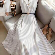 Vestido azul marino a rayas con cuello de contraste y cintura en línea A, encantador y elegante para uso diario, vacaciones, moda de citas, estilo francés retro y versátil, de manga larga y sin mangas, nuevo vestido camisa azul marino para primavera y verano - Multicolor - Ver 1
