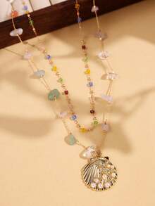 1 Two-Piece Set Of Double-Layer Y-Shaped Necklaces With Colorful Natural Stones In A Bohemian Style, A Versatile Accessory For Everyday Wear And Beach Vacations, With Color Combinations - Multicolor 4 - View 2