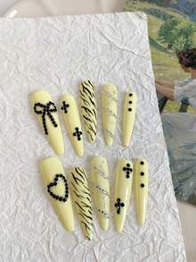 Yellow Zebra Print Press On Nails Y2K Black Rhinestone Bow Heart Long Almond Fake Nails - Yellow - View 3