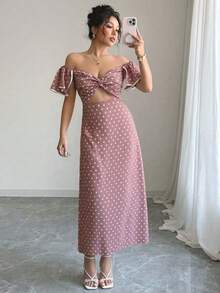 Vestido de estilo callejero elegante de mujer con lunares, hombros descubiertos y abertura en la cintura, ideal para vacaciones de verano - Rosa Pálido - Ver 6