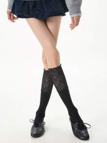 1 Pair Black Lace Trim Knee High Socks, Fashionable Lolita Ballet Style Socks For Spring/Summer, Suitable For Boots & Leather Shoes - Multicolor - View 6