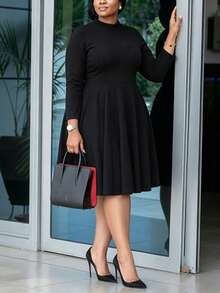 Women's Elegant Commuting & Dating Luxury Shiny Mandarin Collar A-Line Swing Dress, Graceful Women's Knitted A-Line Mid-Length Dress, Long Sleeve Round Neck Design, Showcasing Refined Elegant Elegant - Black - View 2