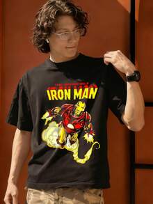 Men's MARVEL Iron Man Cotton T-Shirt, The Invincible Flying Graphic Tee, Summer Casual Streetwear - 黑色 - 查看 1