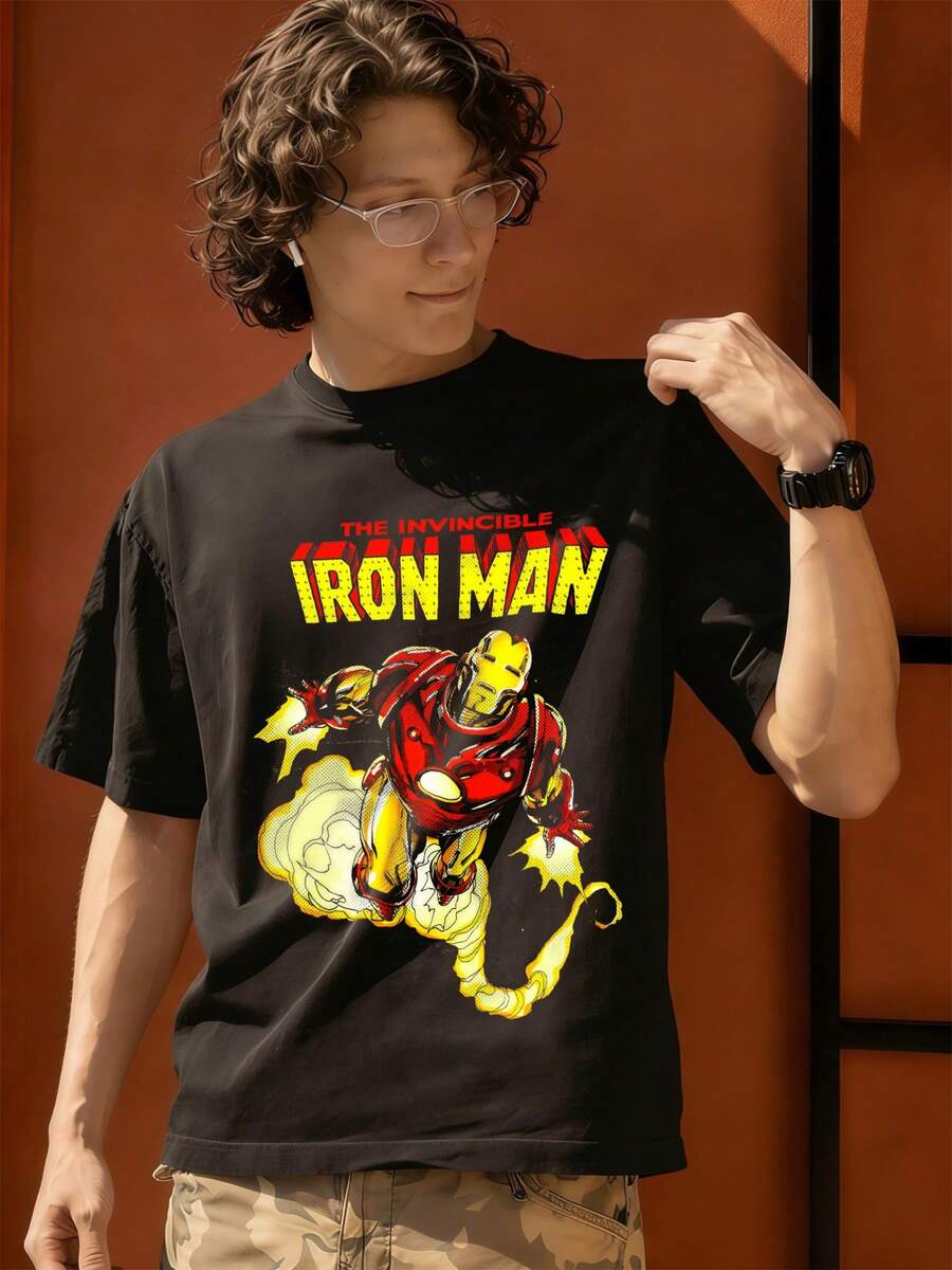 Men's MARVEL Iron Man Cotton T-Shirt, The Invincible Flying Graphic Tee, Summer Casual Streetwear - 黑色 - 查看 1