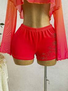 Conjunto informal de 2 piezas de top corto con cuello irregular y borde de lechuga, y shorts, en unicolor, para vacaciones, primavera/verano - Multicolor 5 - Ver 3