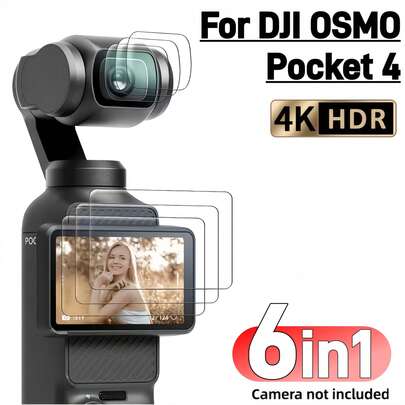 طقم حماية الشاشة والعدسة 6 في 1 ل- OSMO Pocket 4/Pocket 3، يشمل 3 واقيات شاشة زجاجية مقسّاة و3 واقيات عدسة زجاجية مقسّاة، مصنوعة من مواد عالية الصلابة، لمس حساس، وضوح عالي، تناسب دقيق.