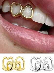 3Pcs 14k Copper Hollow Heart Cutout Clip-On Tooth Jewelry, Y2K Grillz Valentines Halloween Decor Grills For Teeth Women - Multicolor - View 6
