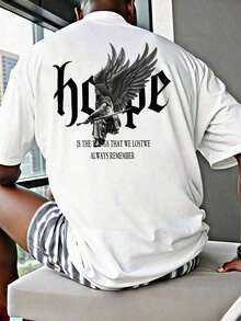 La esperanza algo que se recuerda, camiseta de manga corta de cuello redondo estampada en la espalda con patrón de ángel camiseta de tela cómoda y transpirable para hombres blusa deportiva casual% camiseta de estilo de ropa callejera de algodón ( - Negro - Ver 6