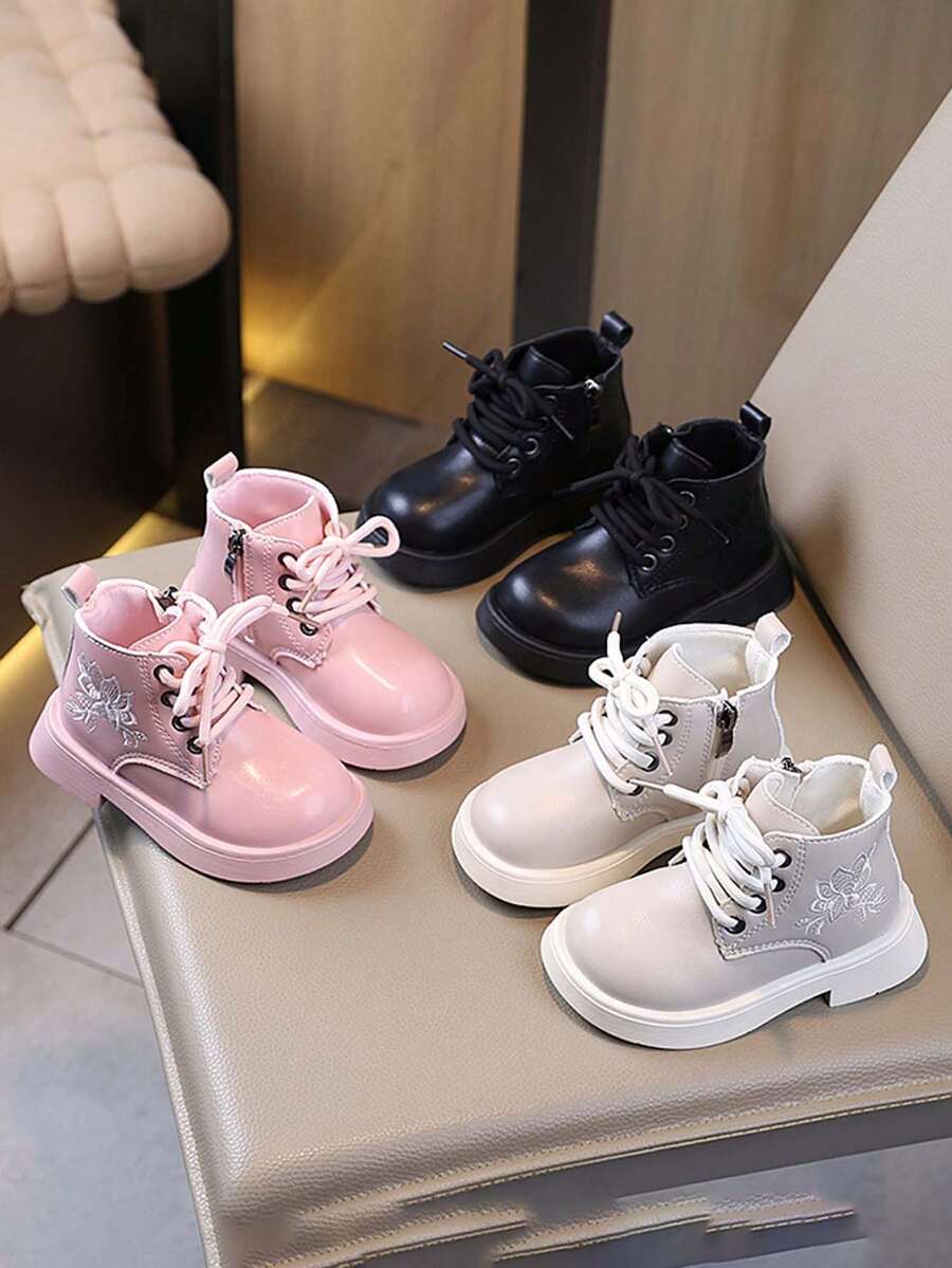 1 Pair Little Girls Little Boys Soft Sole Anti-Slip Fashion Versatile Outdoor Casual Sports Embroidered Leather Shoes Suitable For Spring And Autumn - White - View 1