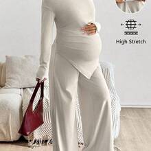 2 piezas Conjunto casual de maternidad con top asimétrico y pantalones de color sólido, conjunto de maternidad de 2 piezas para mujer embarazada, ropa de posparto, ropa de embarazo - Marrón - Ver 2