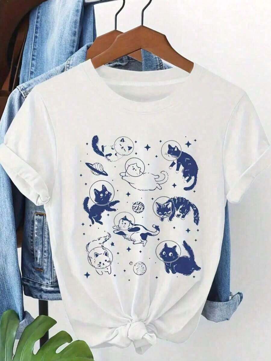 Shirt With Cat Print, Stylish Design For All Seasons, Comfortable Cotton Polyester Shirt. - White - View 1