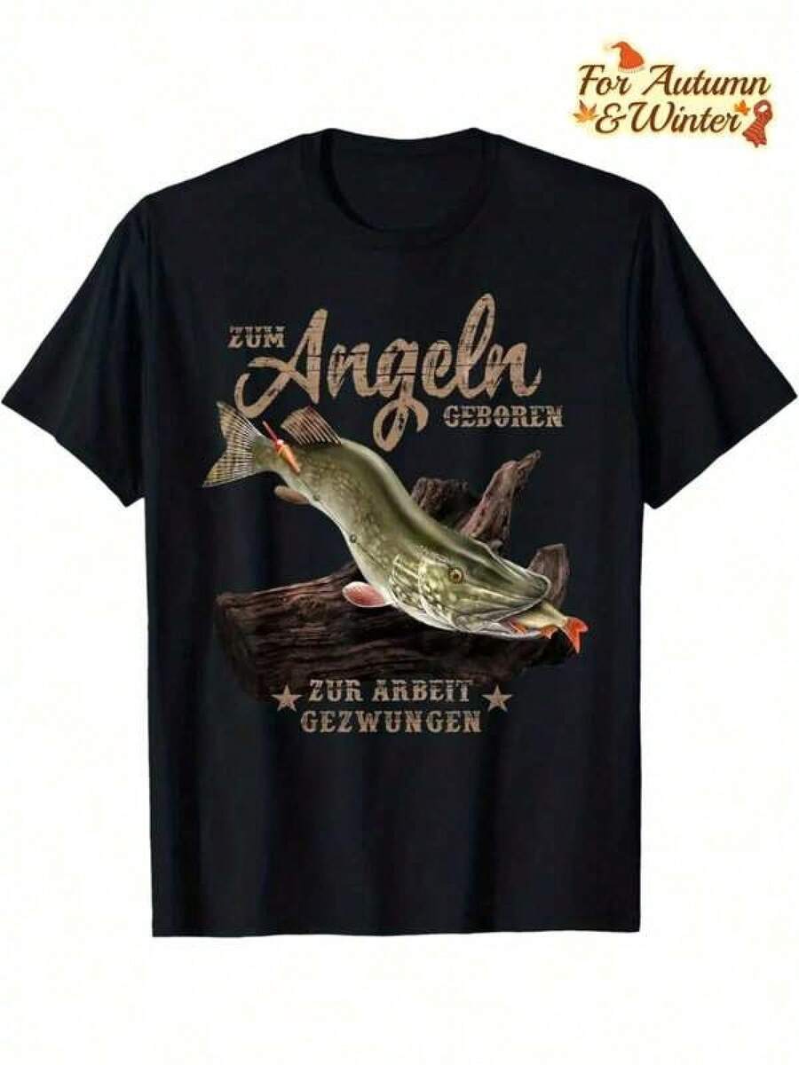 Hecht Angler Fishing T-Shirt For Men And Women - German Angler Design With Eel And Trout Graphics, All-Season Casual Wear, Short Sleeve Crew Neck, Durable Digital Print, Ideal For Anglers And Outdoor Activities (Black) - Funny German Fishing Sayings, Machine Washable, Relaxed Fit, Clothing For Fishing Enthusiasts, Slogan Born To Work Hard, Spring Summer Autumn Winter Clothing, Fishing Themed Graphic T-Shirt - 黑色 - 查看 1
