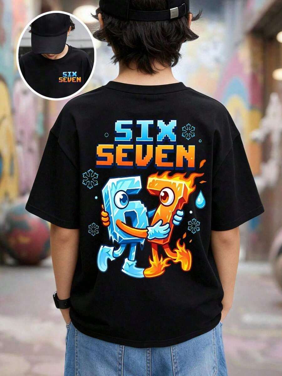GraphicGems Boys' Basic Short Sleeve T-Shirt, Casual, Elegant, Creative, Personalized, Refreshing, Chic, Minimalist, Cool Style, With Digit 67 Football Graphic Print, Comfortable Clothing For Daily Wear, Cozy Summer And Autumn Styles, Suitable For 7 Year Olds, Graphic Clothing For Boys, Hip Hop Clothing For Boys. - 灰色 - 查看 1