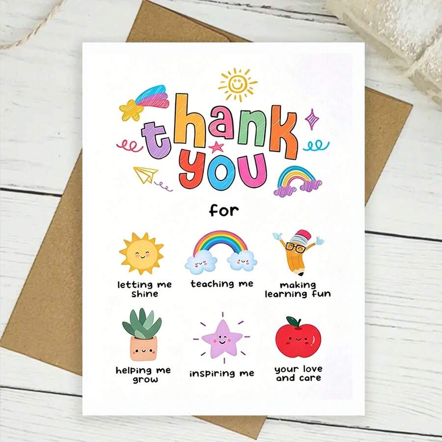 1 Greeting Card With Envelope For Teacher's Day - Preschool Teacher Appreciation Gift, "Thank You For Helping Me Grow" Message, Rainbow, Sun And Education Symbol Design, Perfect Teacher's Day Gift For Teachers And School Staff - View 1