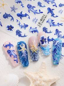 5D蓝鲸美甲贴纸（半片装） - 深蓝色水母、海星、海螺等海洋动物法式线条设计。DIY可爱卡通夏季时尚自粘凝胶指甲油贴纸。美甲沙龙贴纸。美甲装饰。 - 彩色 - 查看 3