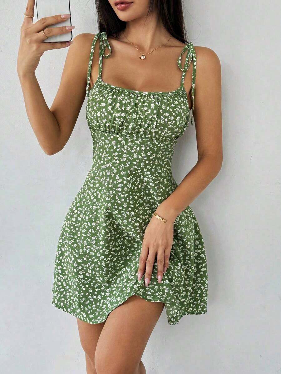 Women's Short Cami Dress With Ruched Bust And Bow Detail At The Front With Small Floral Print - Green - View 1