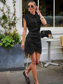 Vestido camisero casual de mujer con botones, media cartera y pliegues en unicolor - Negro - Ver 3