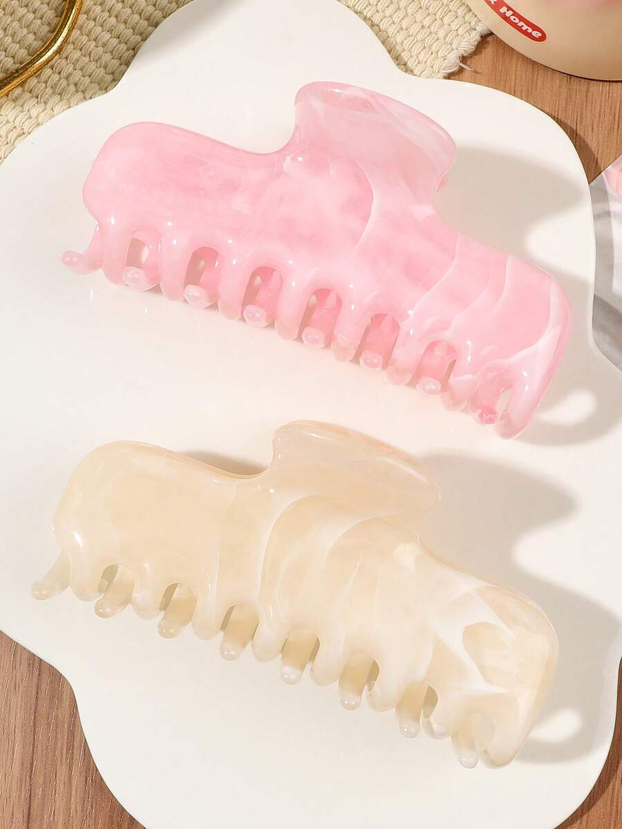 2件象牙色與粉色大理石紮染抓夾,優雅髮夾,馬尾夾,清新甜美韓系風格,隨性氛圍,極簡時尚,適合海灘、度假、約會度假髮飾 - 彩色 - 查看 1