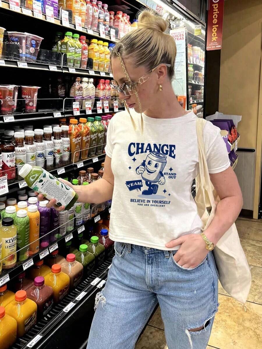 Camiseta de manga corta casual para mujer con estampado de letras y dibujos animados "CAMBIAR SÍ DESTACAR CREER EN TI MISMO ERES EXCELENTE" Camisetas gráficas para mujeres - Blanco - Ver 1