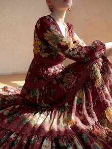 Women's Elegant Modern Romantic Floral Long Sleeve Ruffle Patchwork Design Slimming Flared Dress Fall - Burgundy - View 2