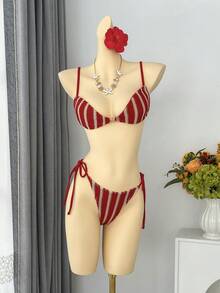2026 Sexy Striped Halter Neck Tie Beach Vacation Ins Style Bandeau Bikini Two-Piece Swimsuit - Z26027 Single Bikini - Red - View 2