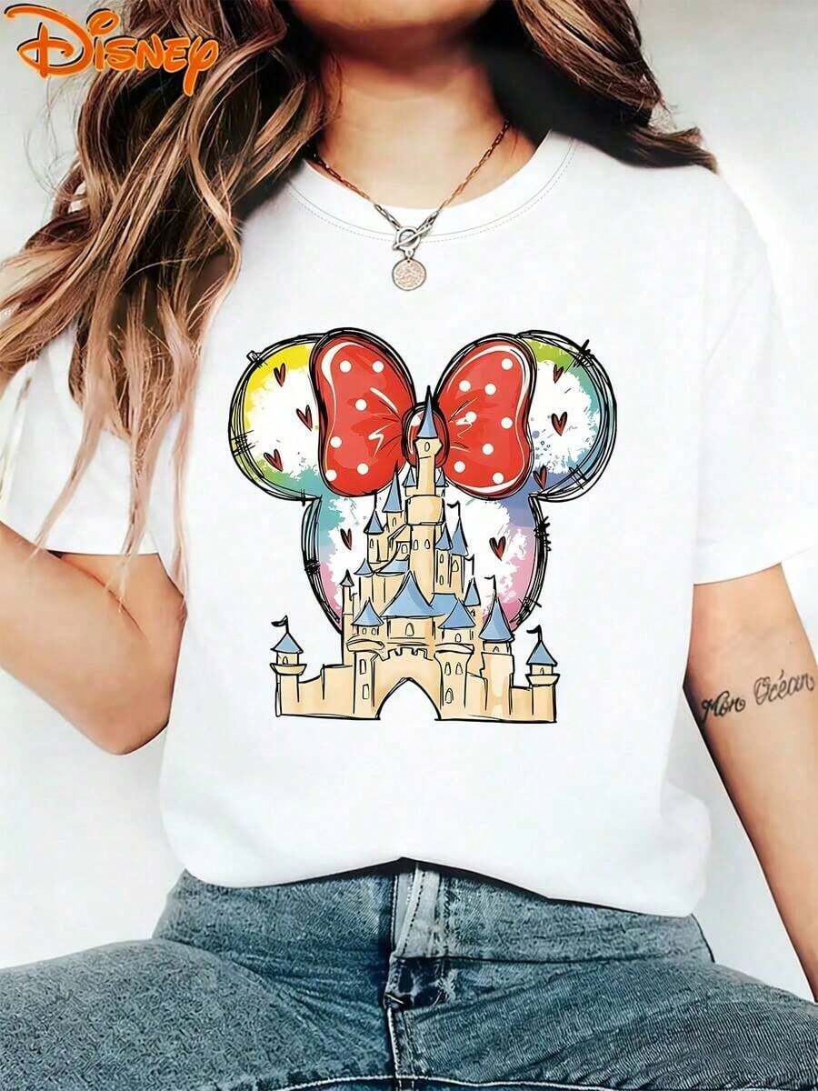 Disney Genuine Women'S Summer Clothing Minnie Mouse Ears And Castle Pattern Women'S T-Shirt Top Summer New Short Sleeve T-Shirt Women'S Casual Fashion Printed T-Shirt Women'S Elegant Women'S Clothing T-Shirt Women - trắng - Xem 1