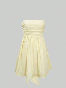 Vestido mini de línea A con tirantes de lazo francés adelgazante, hombro único y manga abullonada, nuevo estilo de moda verano 2026, adecuado para vacaciones, fiesta, playa, boda, baile de graduación, cumpleaños, vestido amarillo, vacaciones, concierto, Y2K, trayecto, cita elegante - amarillo ganso - Ver 6