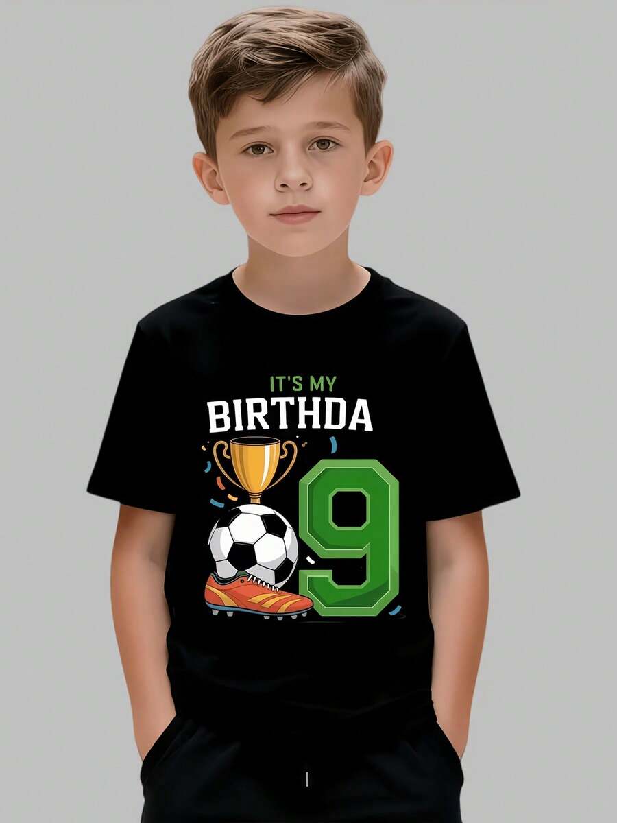 Fashionable Black Printed T-Shirt For 9th Birthday With Eye-Catching Green Number Design, Sporty Style, Short Sleeve For 9-Year-Old Boys, Football Theme, Commemorative T-Shirt With Green Number 9 And Sports Icons, Energetic Birthday Gift For Kids - 黑色 - 查看 1