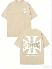 WEST COAST CHOPPERS Men's Retro Streetwear T-Shirt - 230g Washed Cotton, Double-Sided Print, Loose-Fitting Drop-Shoulder Short-Sleeved T-Shirt With A California Long Beach Graphic.Perfect For Casual Summer Wear And As A Gift.High-Quality Fabric, Versatile Printed T-Shirt. - 杏色 - 查看 12