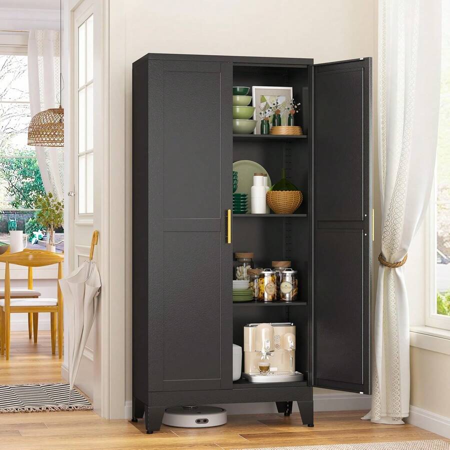Metal Storage Cabinet With 2 Doors And 3 Adjustable Shelves, Black Kitchen Pantry For Food, Utility Cabinet For Laundry Room, Cupboard - Black - View 1