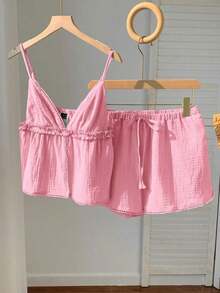 Conjunto informal de 2 piezas de mujer en azul marino con lunares, incluye camiseta de tirantes y pantalones con estampado de lunares, adecuado para primavera, verano, vacaciones, hogar, festivales de música, vuelta al colegio, atuendos casuales - Rosa - Ver 3