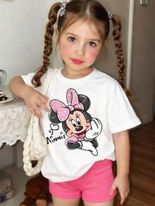Disney White Background Minnie Mouse Pink Polka Dot Bow Playful Graffiti Style Print Kids' Short Sleeve T-Shirt - Sweet And Playful Casual Top - trắng - Xem 8