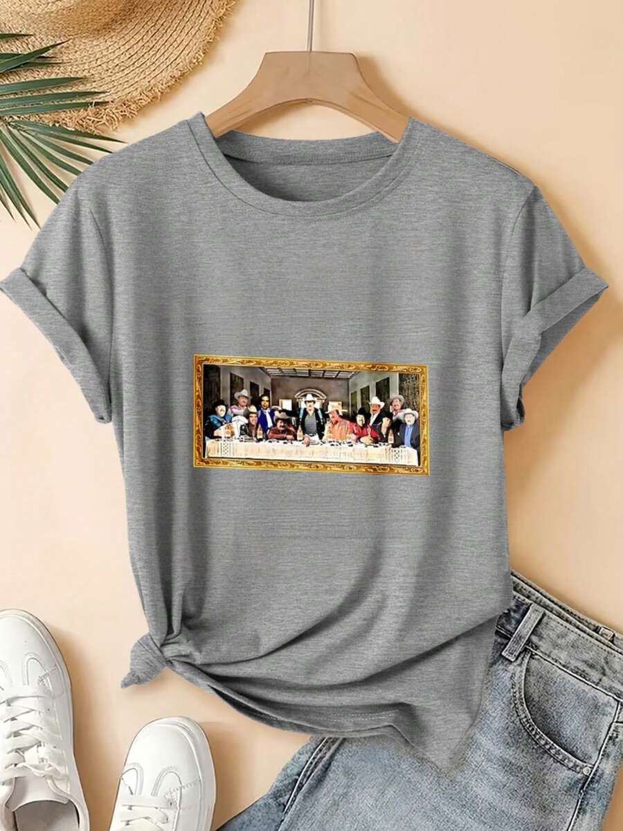 Last Supper Art Print Digital Print Short Sleeve Unisex Pure Cotton Loose And Comfortable - 灰色 - 查看 1