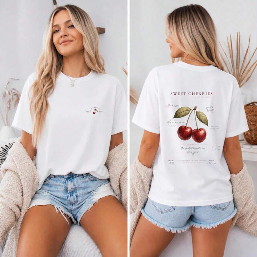 Camiseta Cherry, Camiseta Vintage Sweet Cherries, Camiseta Coquette Cottagecore Fruit, Camiseta Farmers Market Graphic, Camiseta Summer Orchard - Blanco - Ver 1