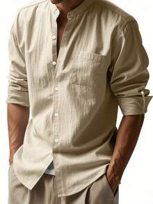Camisa casual de manga larga para hombre, transpirable y con cuello alto - Caqui - Ver 2