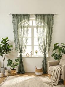 1 rèm cửa sổ voan xếp nếp lãng mạn kiểu Pháp màu xanh lá cây, phong cách Pháp thanh lịch với túi đựng hoa cho phòng khách, phòng ngủ, văn phòng, nhà bếp - màu xanh lá - Xem 1