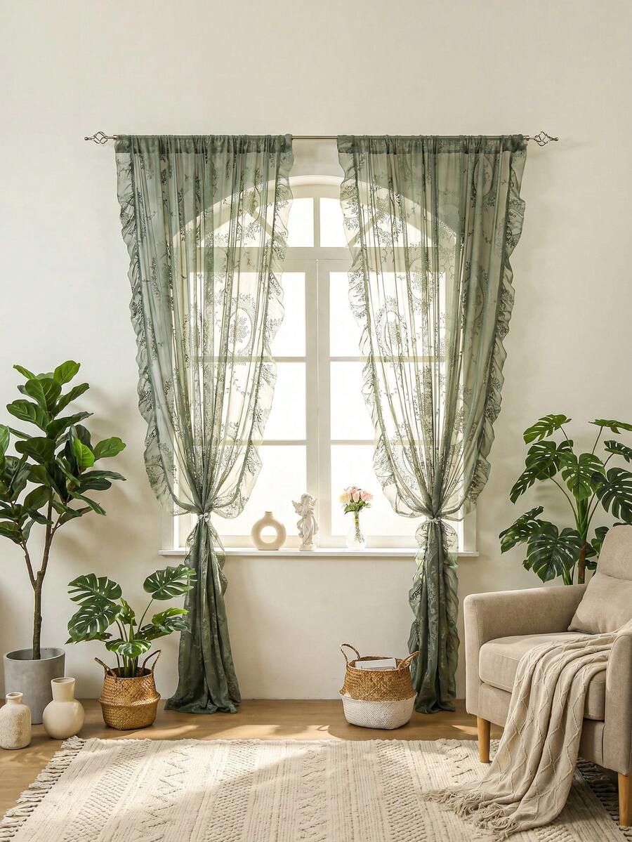 1 rèm cửa sổ voan xếp nếp lãng mạn kiểu Pháp màu xanh lá cây, phong cách Pháp thanh lịch với túi đựng hoa cho phòng khách, phòng ngủ, văn phòng, nhà bếp - màu xanh lá - Xem 1