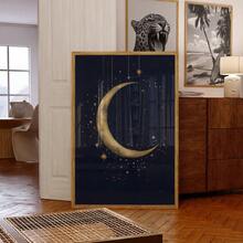 1pc Frameless Islamic Crescent Moon Wall Art, Ramadan Decor Golden Starry Night Sky Print, Dorm Room Party Decoration Best Gift, Back To School, Room Decor Bedroom, Funkyposters - New Moon - View 2
