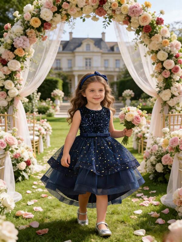 Vestido elegante con cola de lentejuelas para niñas, vestido de gala pomposo, vestido de banquete, vestido de niña de las flores para boda, vestido de noche