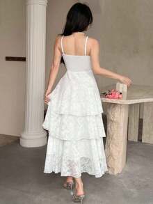Vestido de verano de mujer elegante con camisola de volantes y capas, para vacaciones - Blanco - Ver 6
