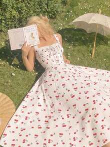 Vestido acampanado con volantes, encaje y lazo cruzado con estampado de cerezas blancas y rojas - Estilo lindo, para citas, fiestas, uso en verano y primavera para mujeres, vacaciones, picnics, festivales, atuendo de cumpleaños - Azul y blanco - Ver 7