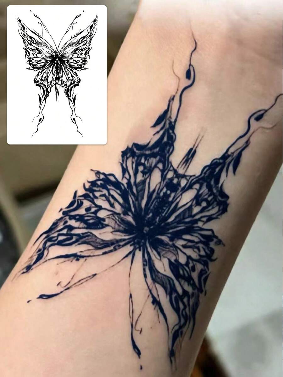 1张草本纹身贴纸。暗黑哥特风格,优雅蝴蝶造型,独特酷炫的方形纹身图案,临时纹身贴纸,可水洗PVC材质,防水防汗,适用于手部、手臂、腰部、腹部、背部、腿部。不反光,逼真纹身设计。适合旅行、音乐节、游戏、毕业礼物、日常使用。可维持7-14天。 - 黑色 - 查看 1