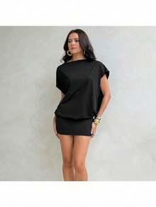 Vestido corto bohemio chic sin espalda para mujer, elegante minivestido de corte A con escote en V y mangas de media borla. - Negro - Ver 4