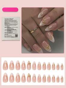 24pcs French Almond Gradient Color Nail Stickers, Y2K Style With Gold 3D Bow Decor, Glossy Finish, Removable Design, Full Coverage, Suitable For Women's Daily Wear Nails - Multicolor - View 2